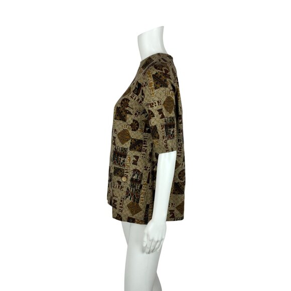 Vintage 50s Egyptian Top Women's Medium Novelty Print Brown Button Back Cotton - Picture 7 of 10